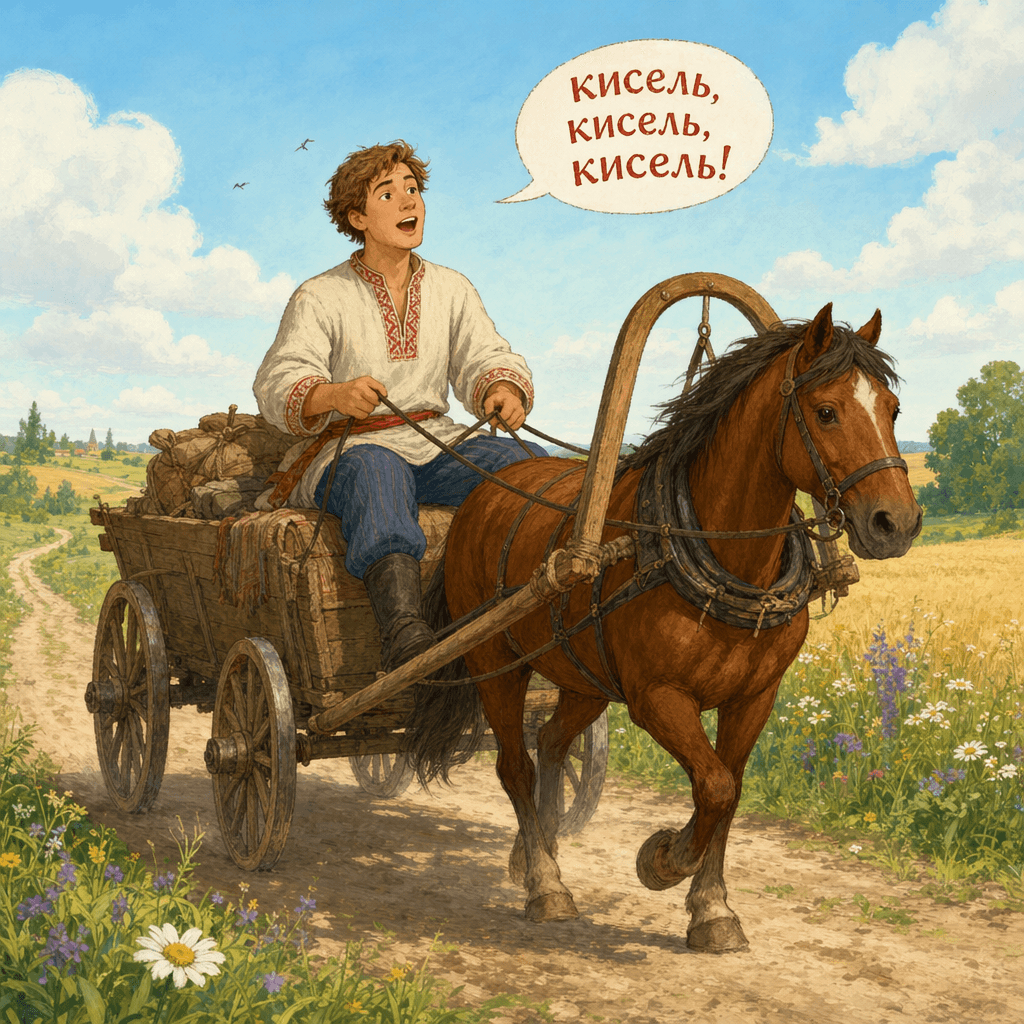 Иванка едет на телеге и твердит слово "кисель"