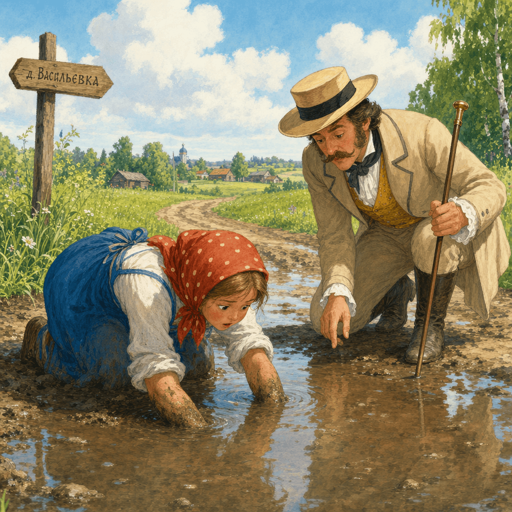 Иванка и барин ищут в луже, Иванка по локоть в грязи