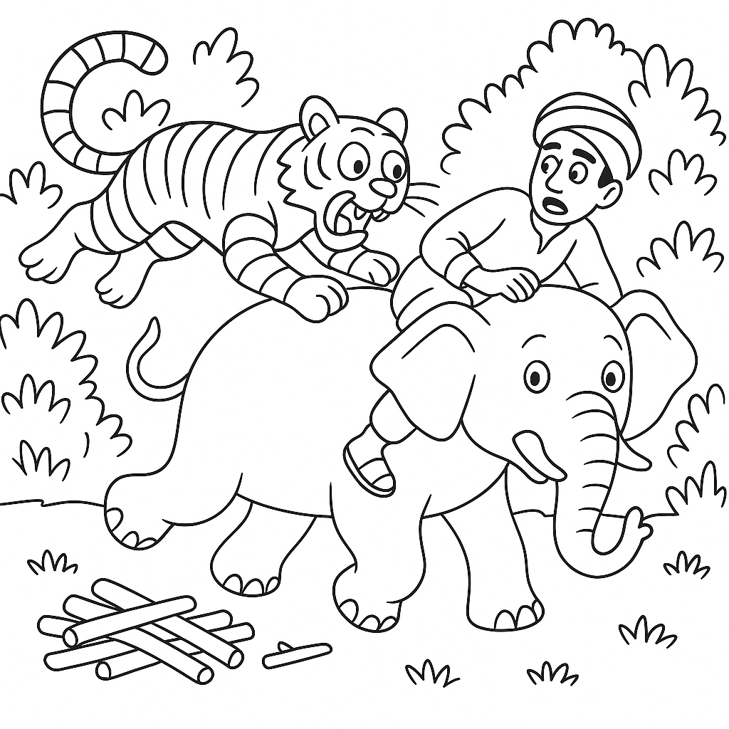Раскраска по сказке "Как слон спас хозяина от тигра"