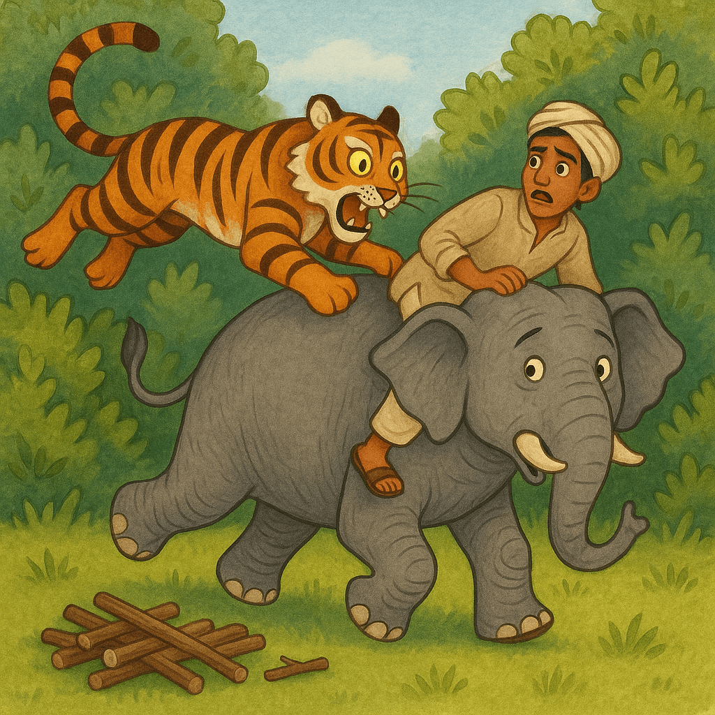 Тигр выскакивает из кустов на слона и индуса