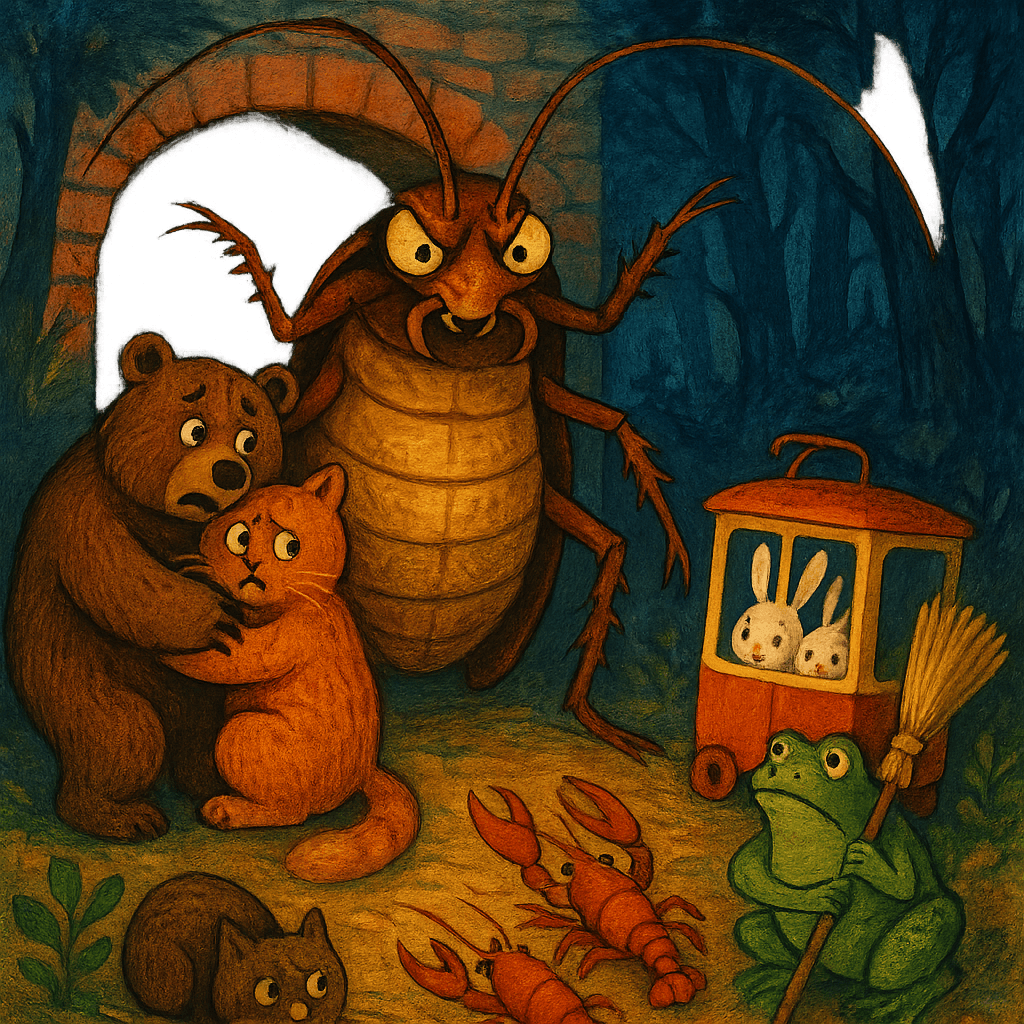 Страшный рыжий таракан пугает всех зверей на лесной поляне.