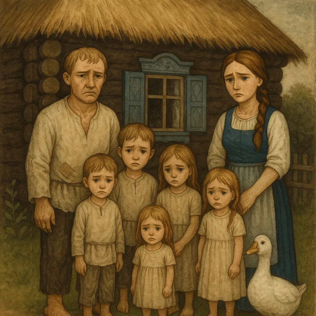 Бедная семья с одним гусём в деревенской избе