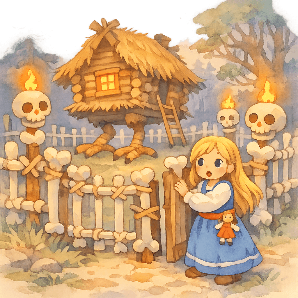 Василиса стоит у зловещего забора перед избушкой бабы-яги