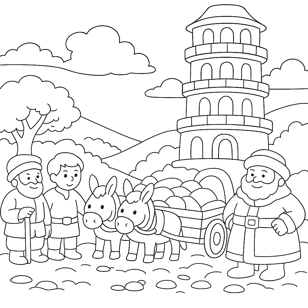 Раскраска по сказке "Сказка о строителях башни и умной жене"