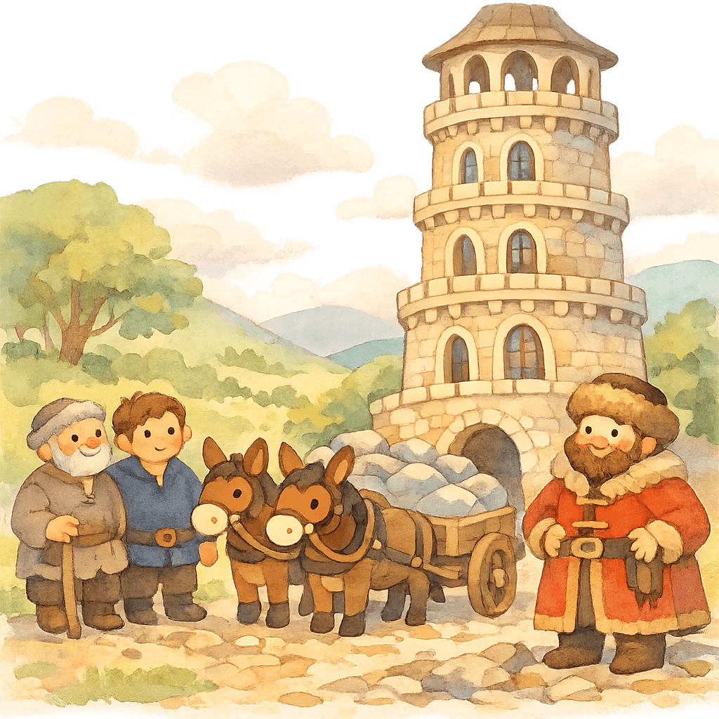 Мулы тащат камень к башне, старик и сын рядом