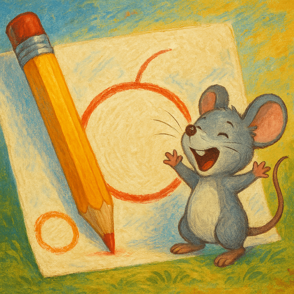 Карандаш рисует яблоко, мышонок радостно смотрит
