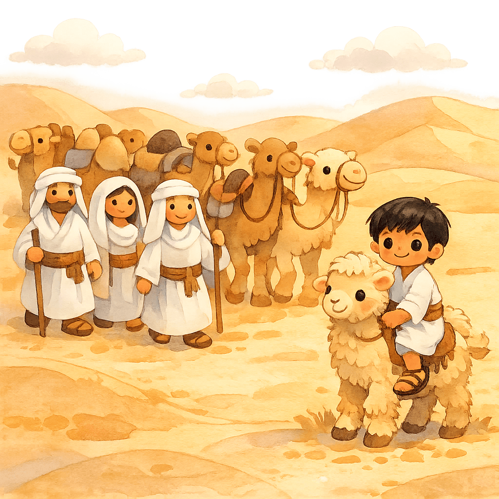 Караван идёт по пустыне, мальчик едет на маленьком верблюде