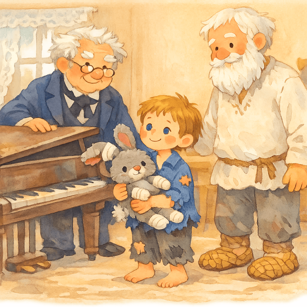Карл Петрович, дедушка и Ваня с зайцем в комнате у рояля
