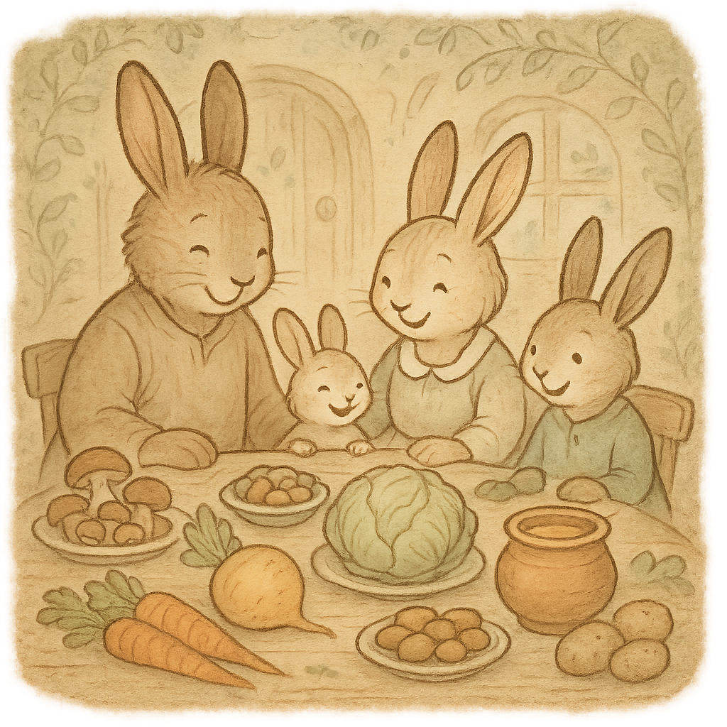 Заячья семья за столом с угощениями