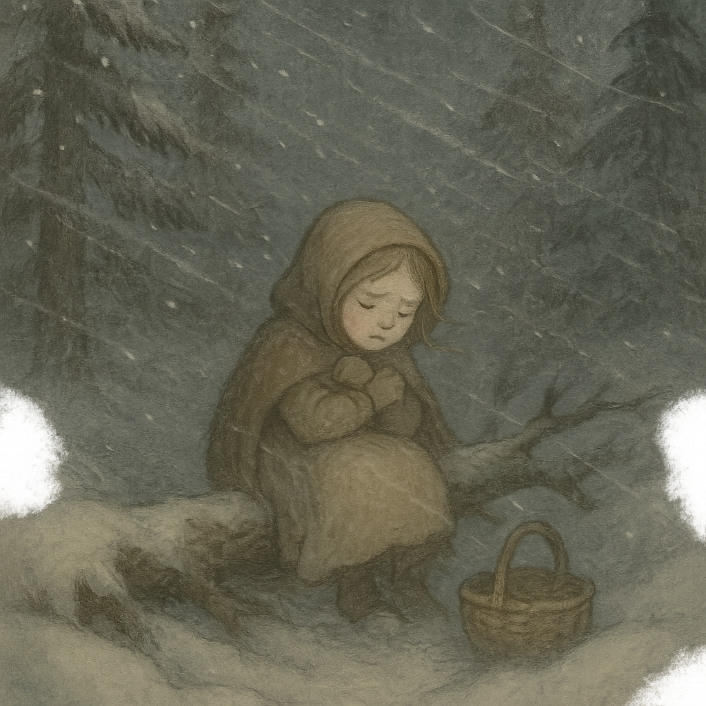 Девочка одна на бревне в ночном лесу зимой