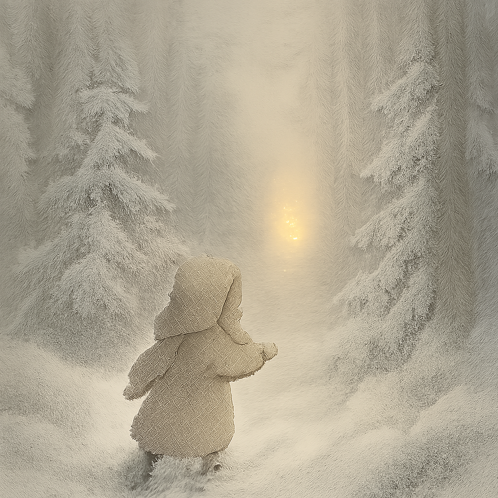 Девочка идет на огонек в зимнем лесу