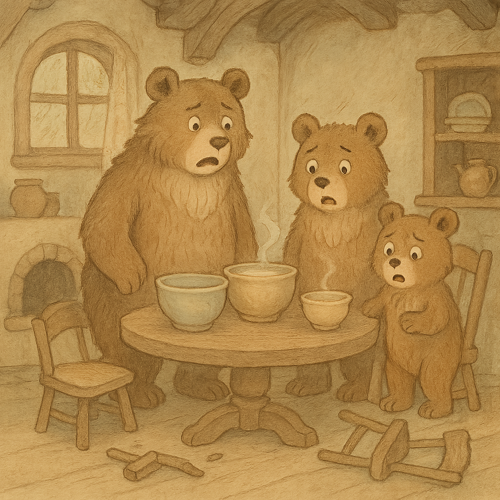 Три медведя находят чашки и сломанный стульчик