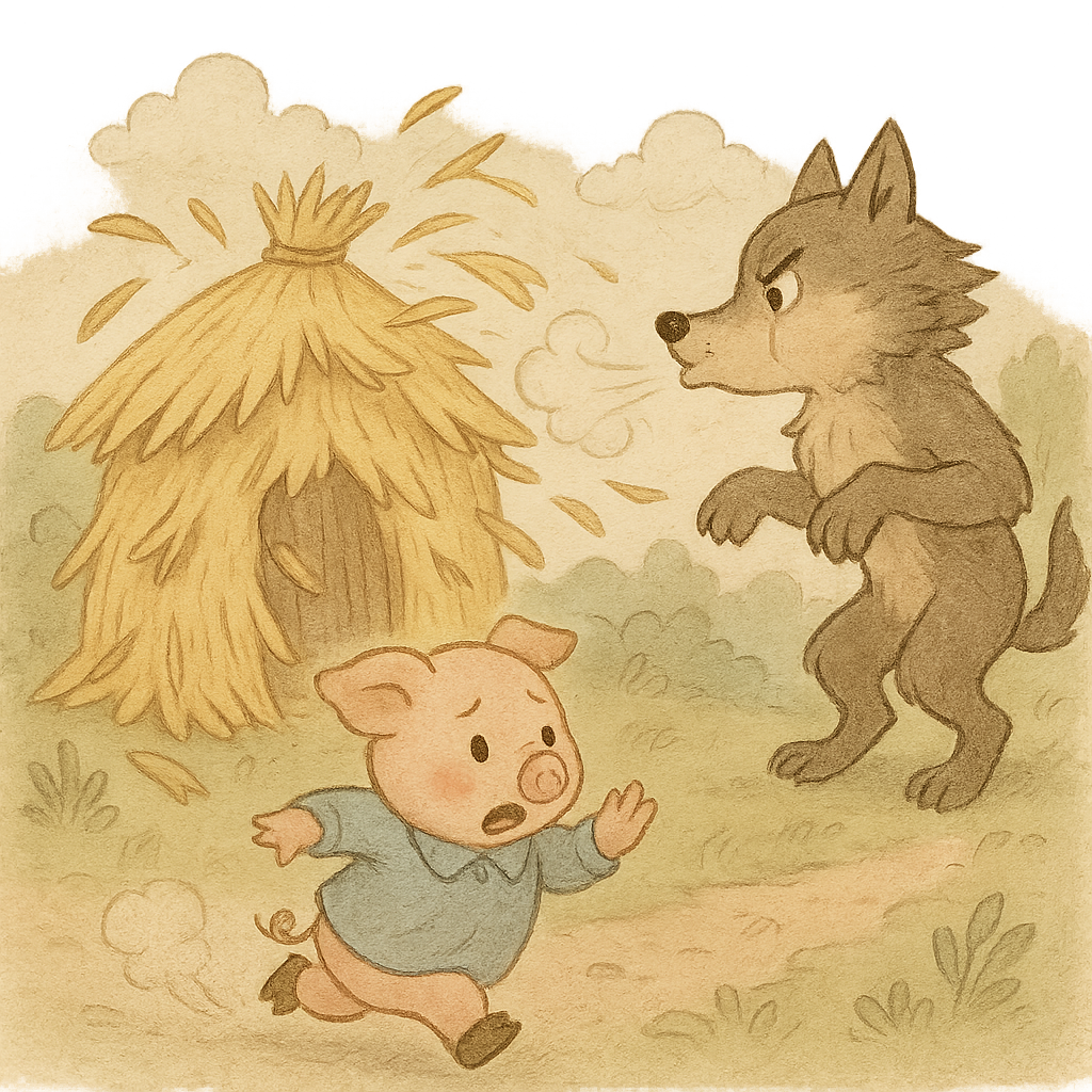 Волк разрушает хижину из соломы