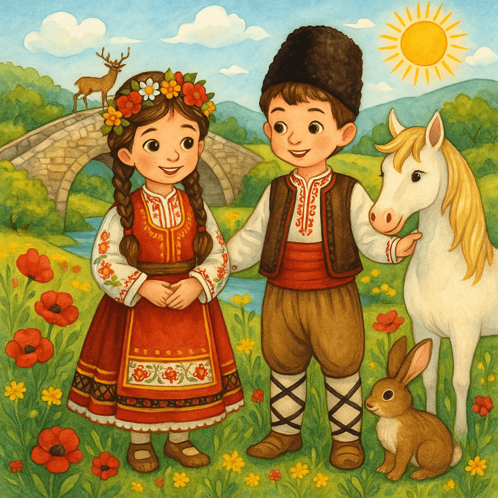 Болгарские традиционные костюмы на детях, цветущие поля, старинный мост, сказочные животные.