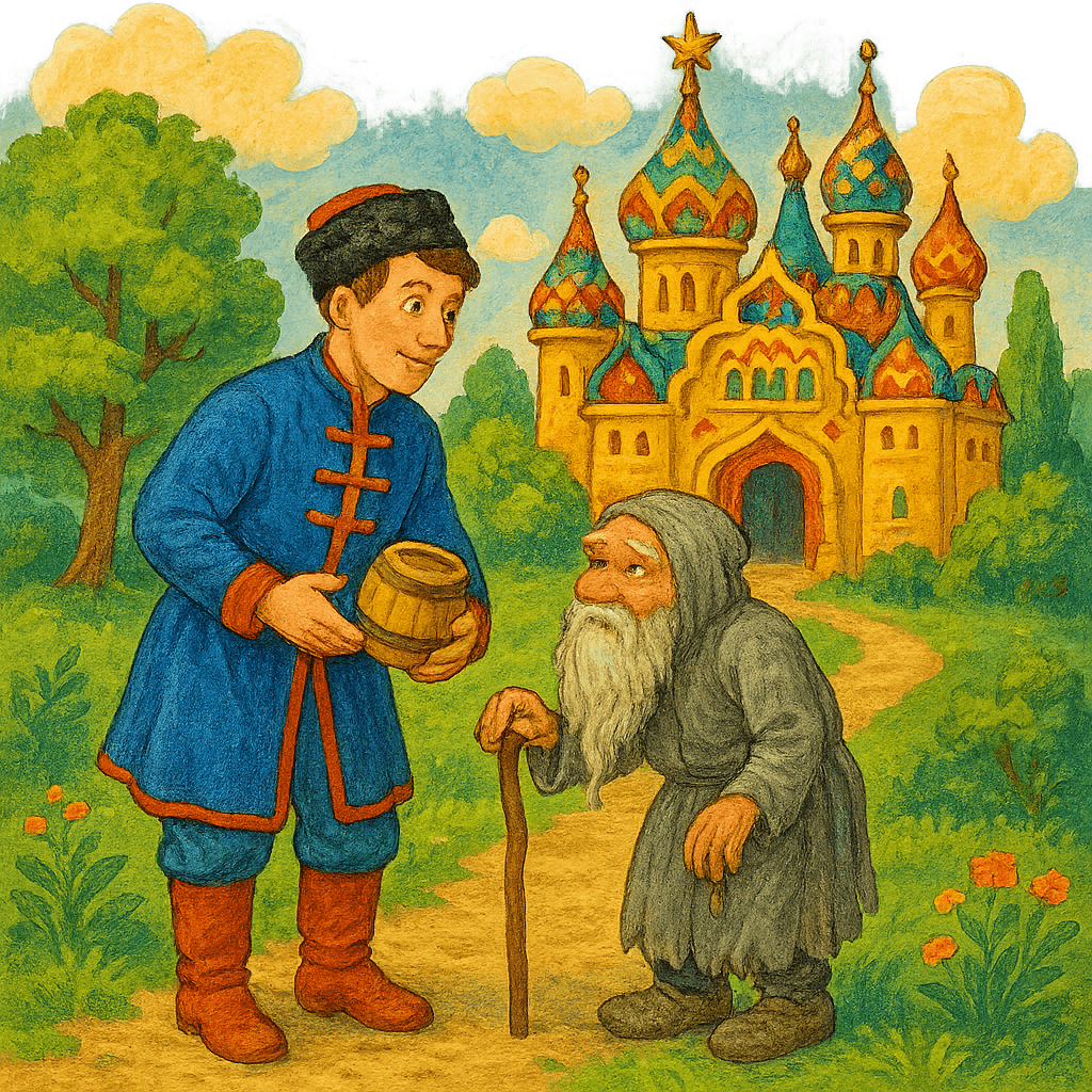 Казак с бочонком и старичок у волшебного дворца.