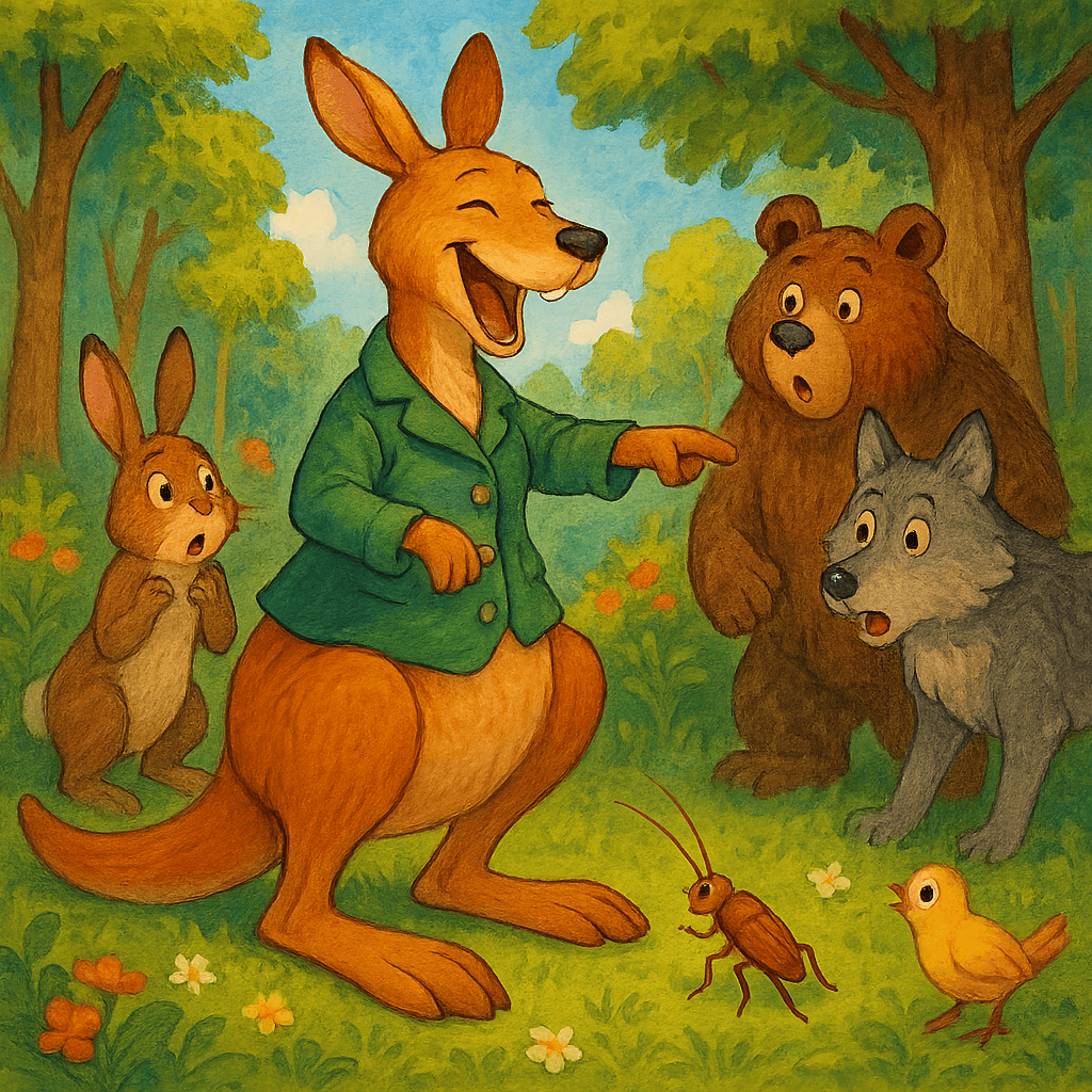 Кенгуру высмеивает Таракана, а звери смотрят ей вслед.