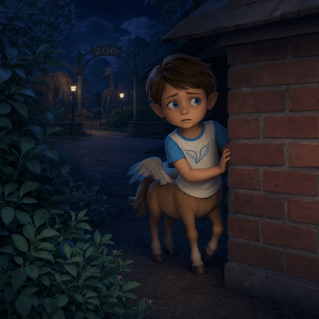 Кентаврик прячется в тени за сараем