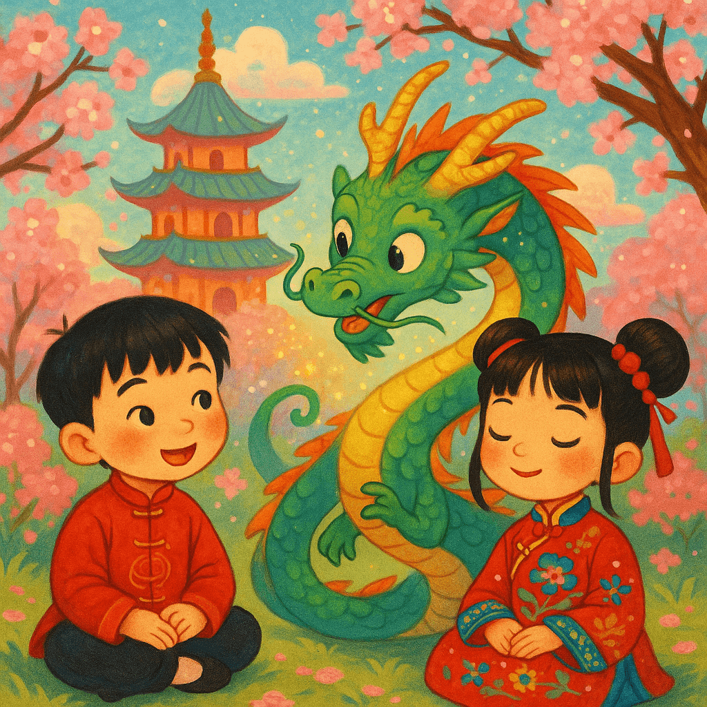 Китайский мальчик и девочка в традиционных одеждах слушают волшебного дракона на фоне пагоды, цветущие вишни, детский стиль.