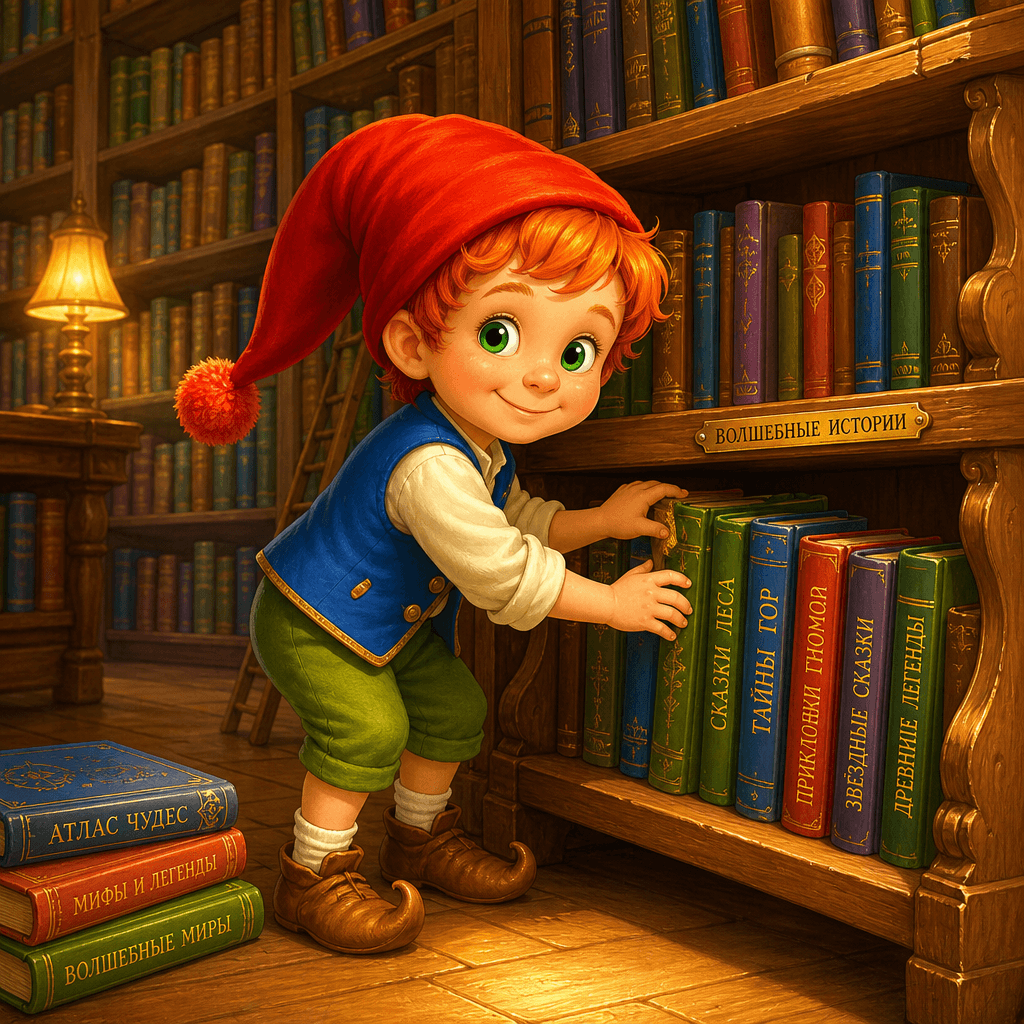 Тимоша поправляет книги на нижней полке библиотеки