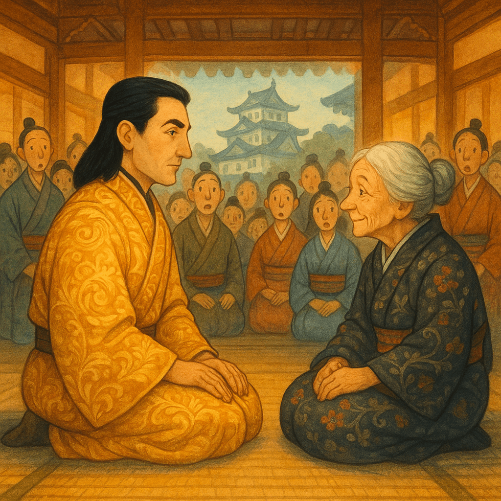 Князь и старушка в большом зале японского замка. Атмосфера волшебной детской сказки.