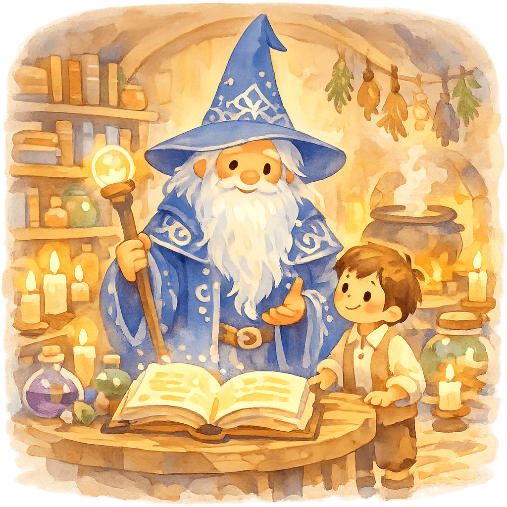 Волшебник и его помощник изучают волшебные книги