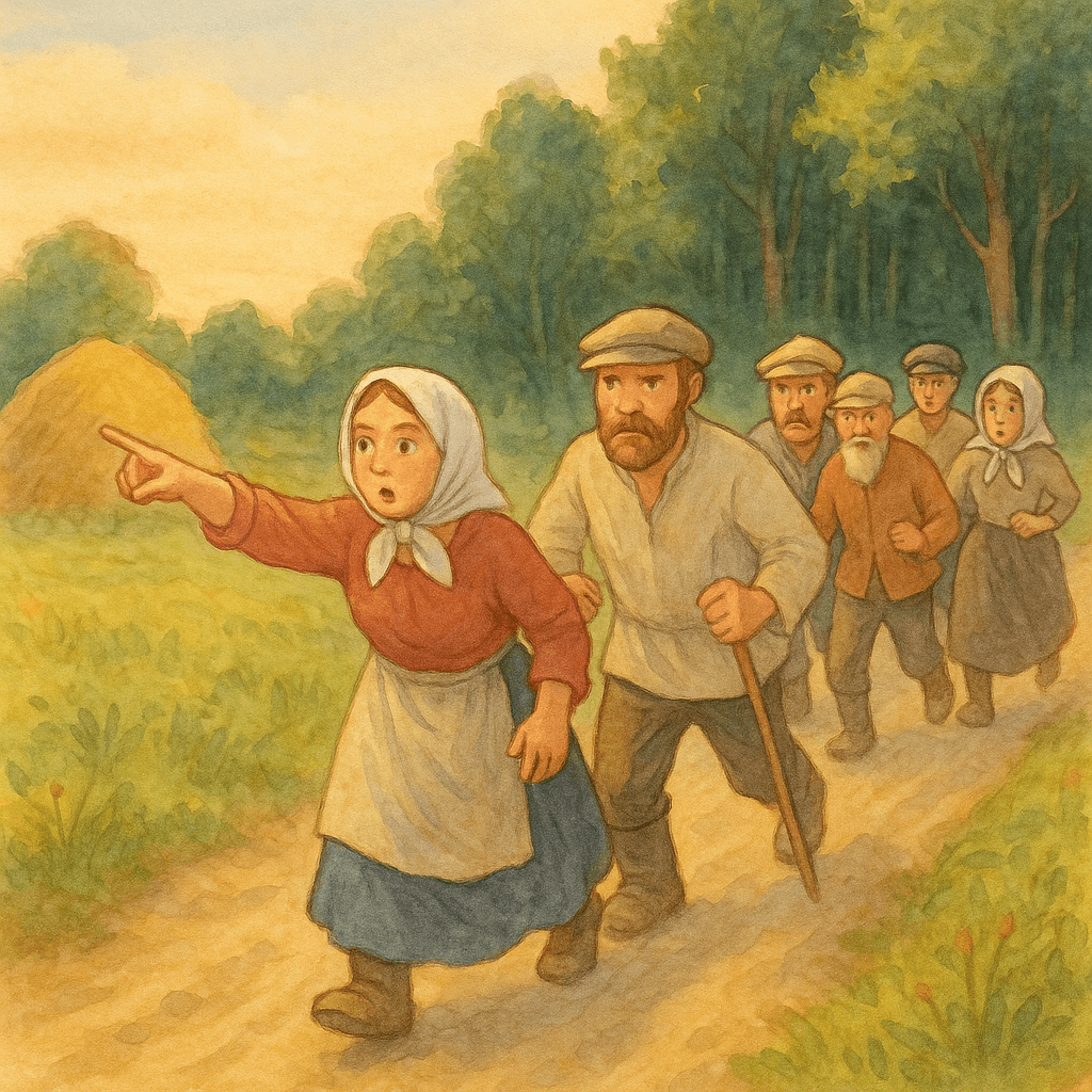 Колхозники бегут в лес с инструментами