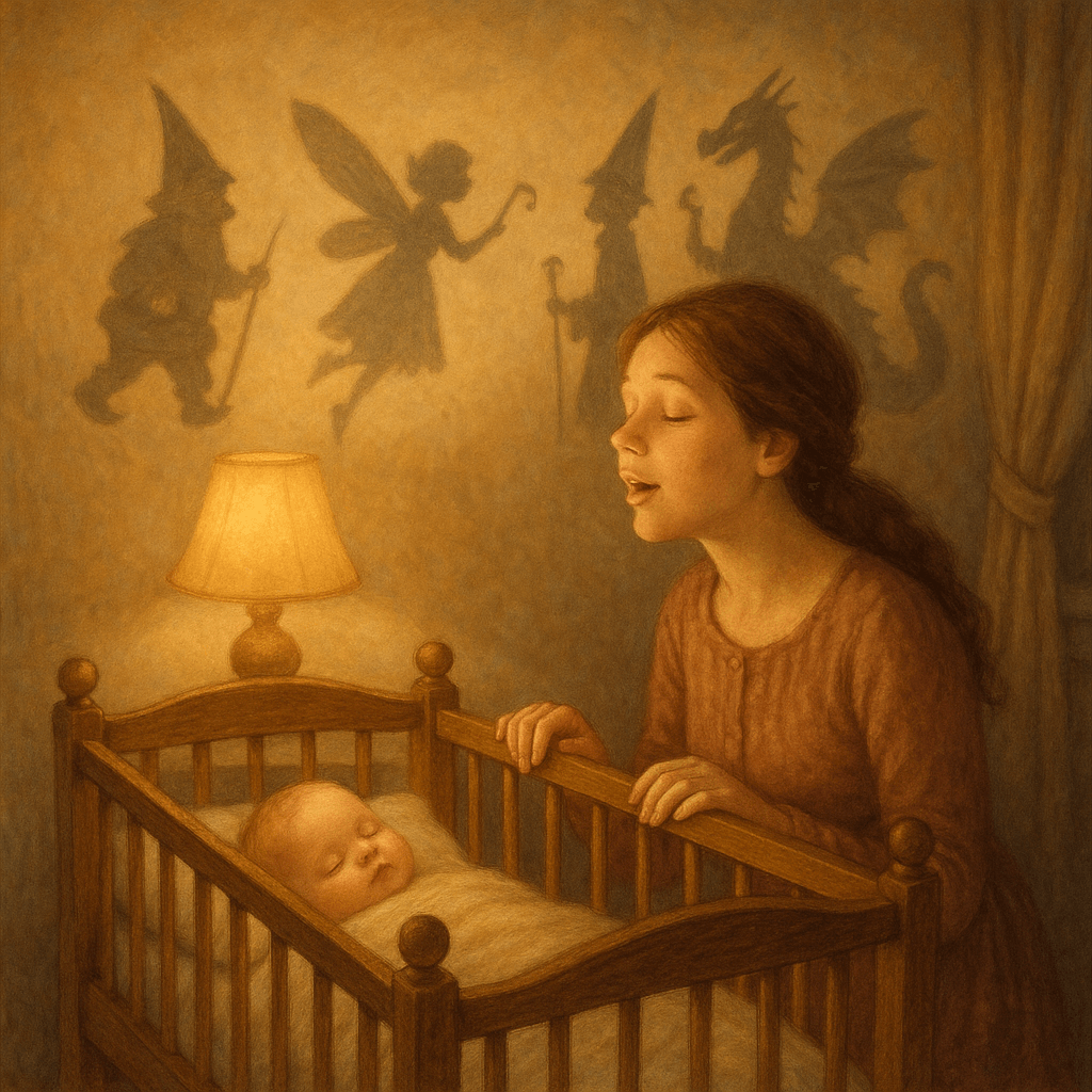 Колыбельная сцена: мама поёт над кроваткой, в комнате мягкий свет, уютная волшебная атмосфера для малышей.