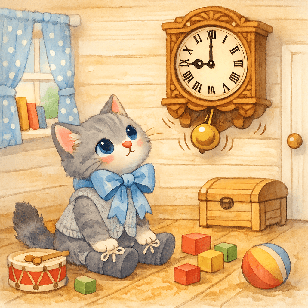 Котёнок в комнате, часы качают маятником, кругом беспорядок