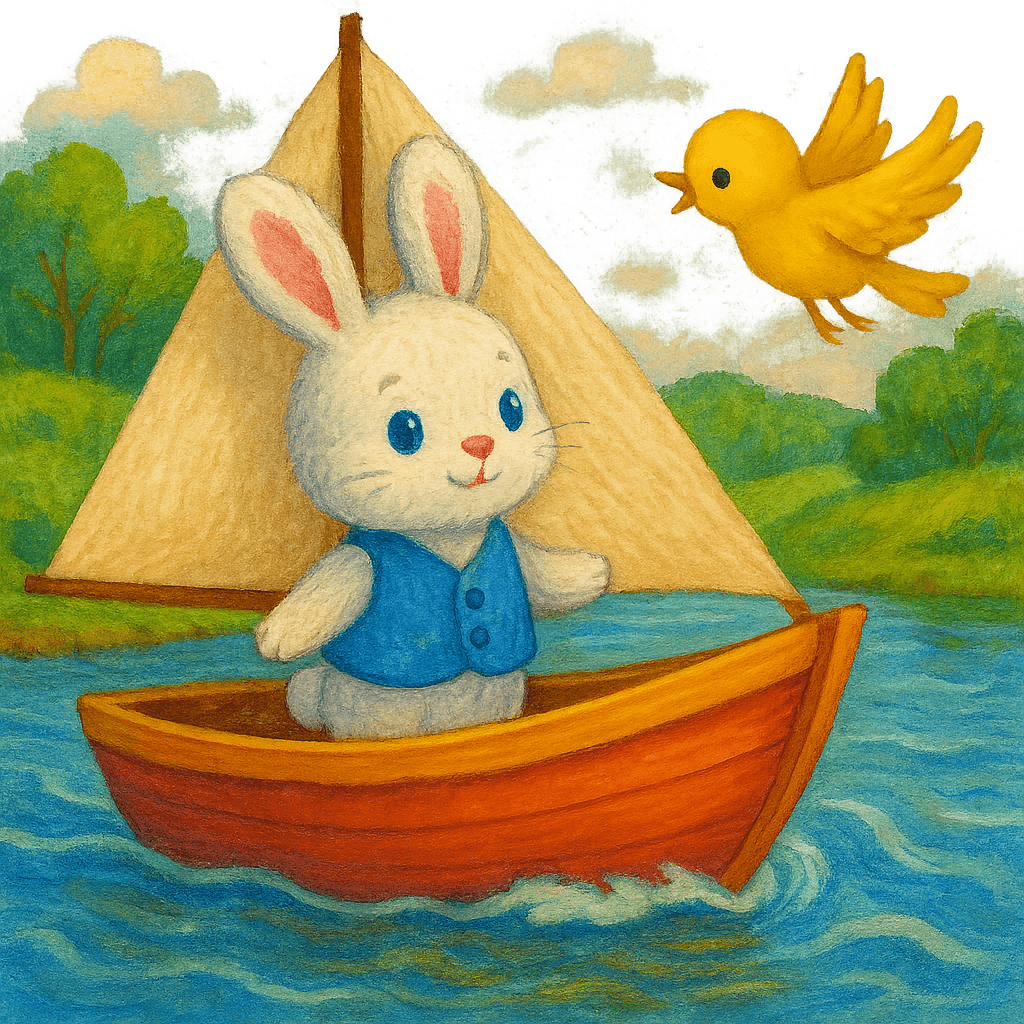 Плюшевый зайчик принимает на борт кораблика маленькую птичку.