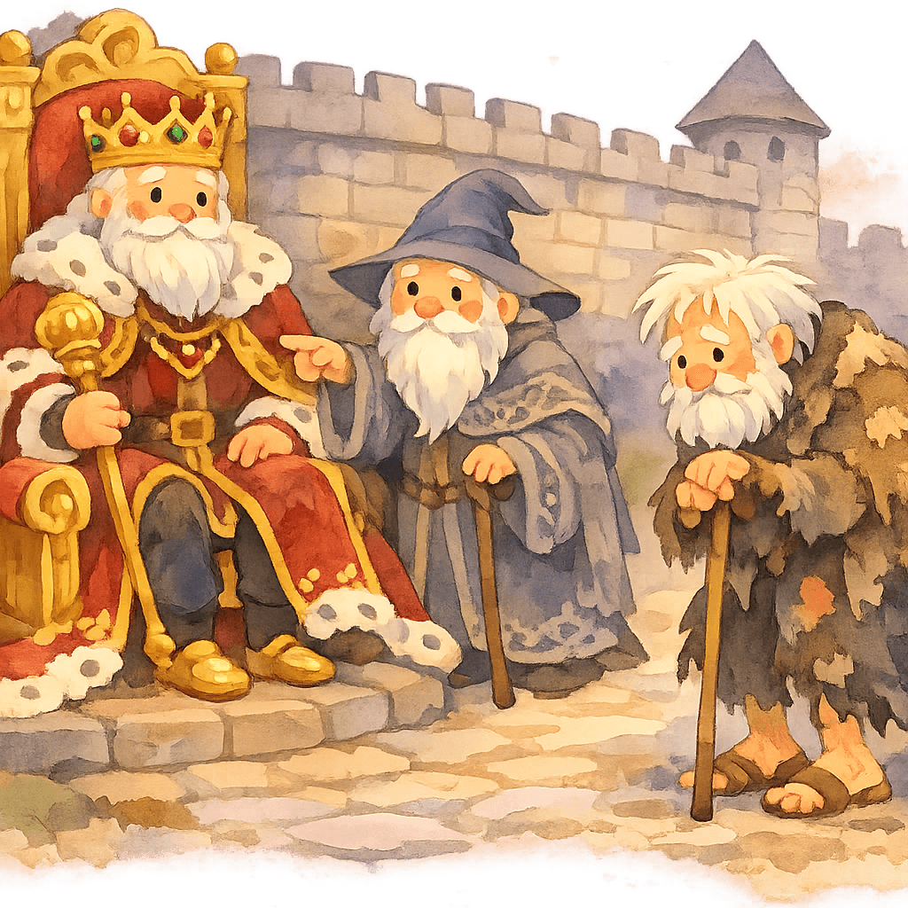 Король на троне со старым волшебником и у ворот нищий старик