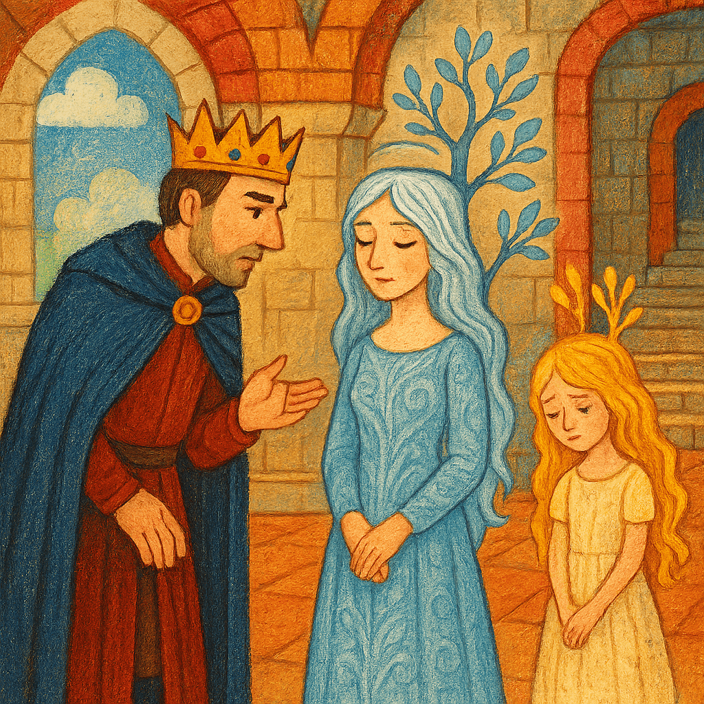 Король обеспокоенно говорит с Серебряным Деревцем, Золотое Деревце грустит в стороне.