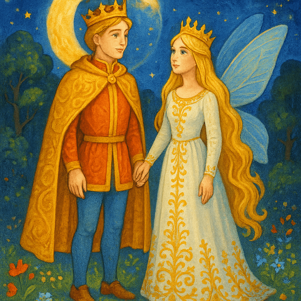 Фея выросла до роста королевича, они рады встрече в роще.