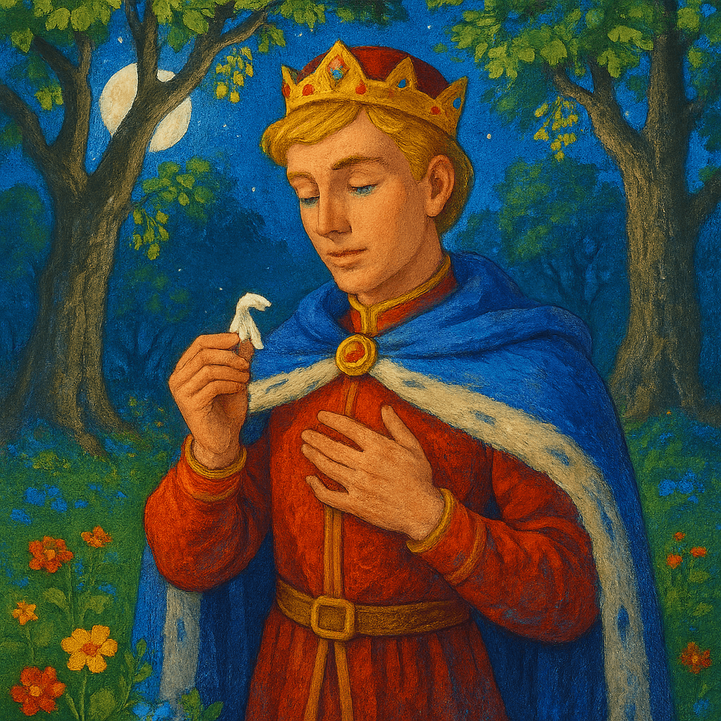 Королевич хранит крошечную перчатку феи у сердца в ночной роще.