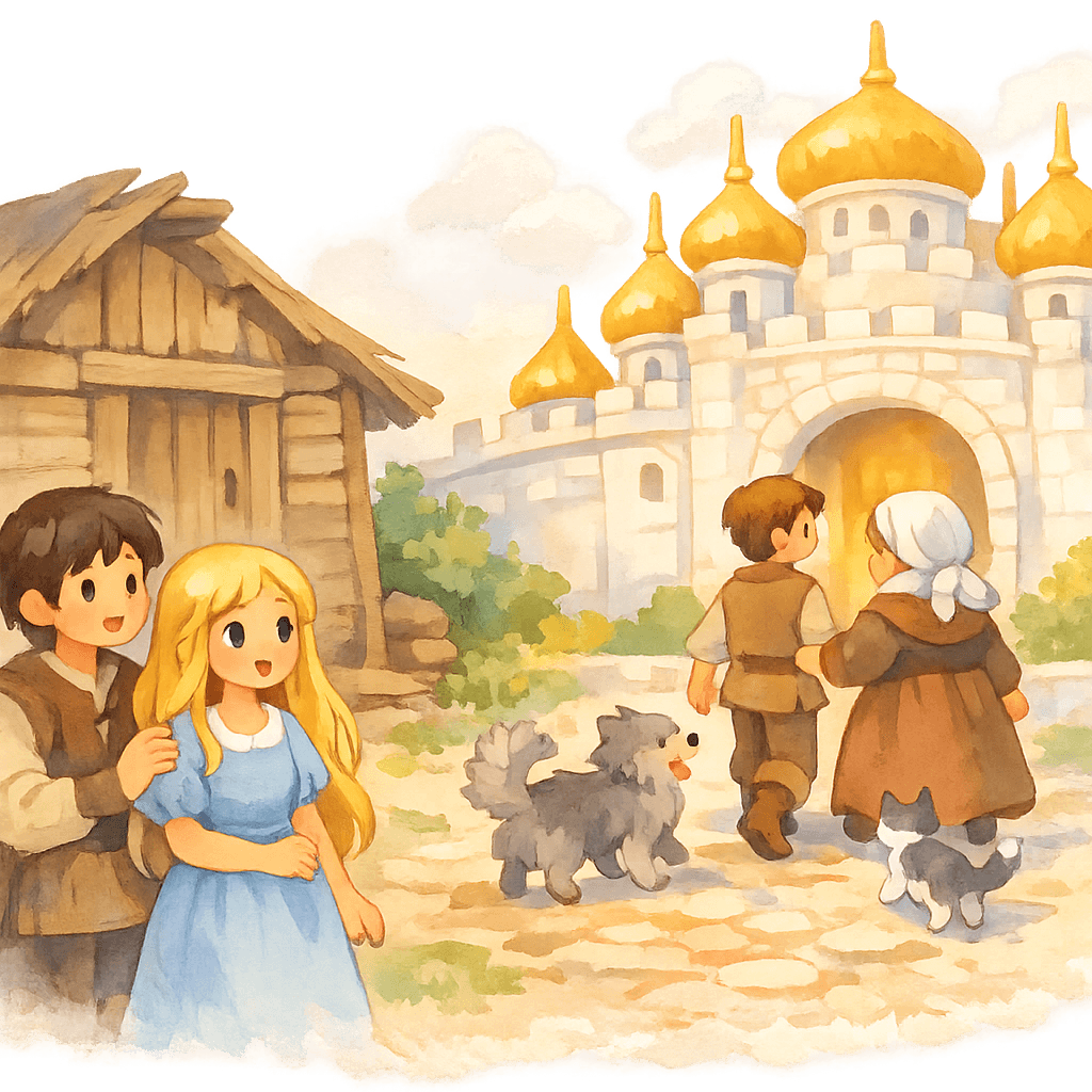 Королевская дочь с мужем в бедной лачуге, юноша с матерью возвращаются во дворец