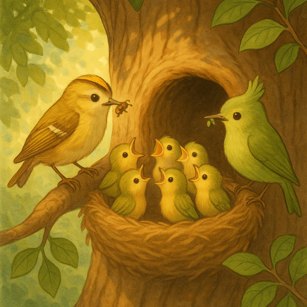 Два взрослых королька кормят своих птенцов в гнезде внутри дупла