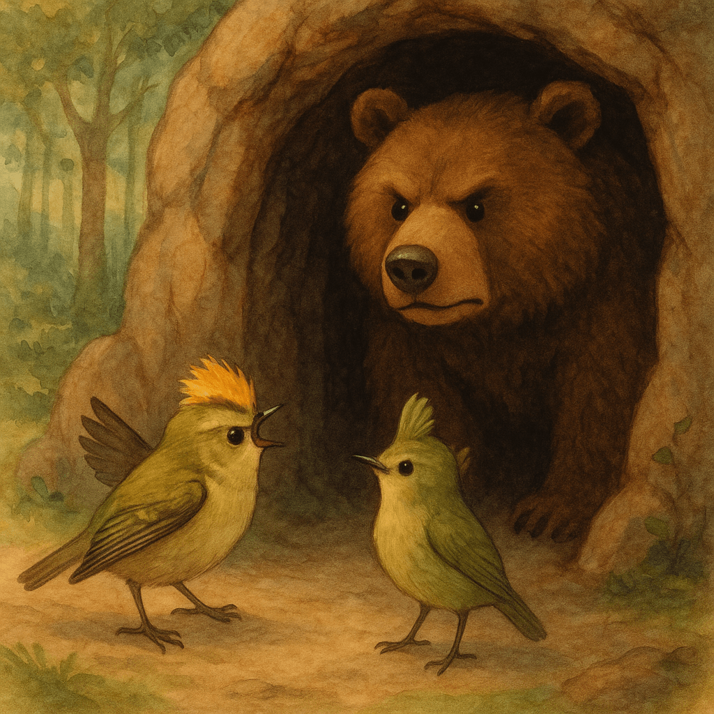 Королёк и его супруга объявляют медведю войну перед входом в пещеру