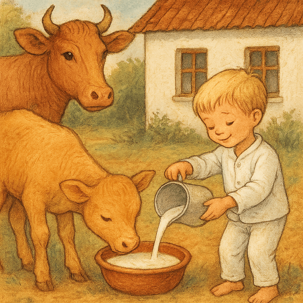 Телёнок Алёшка лакомится свежим молоком у дома