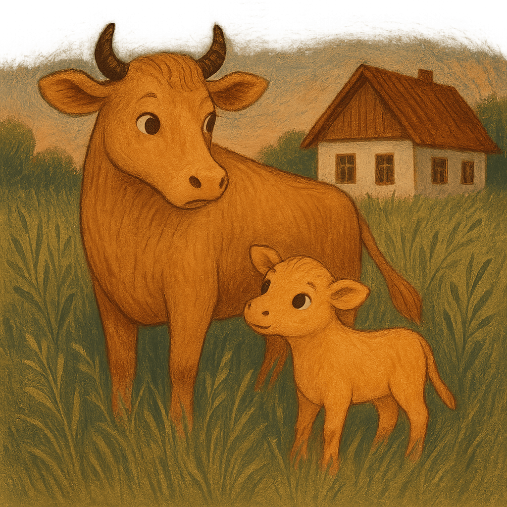 Вечерний двор, корова ищет телёнка в высокой траве