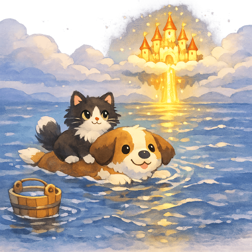 Кошка и собачка добираются до замка над морем