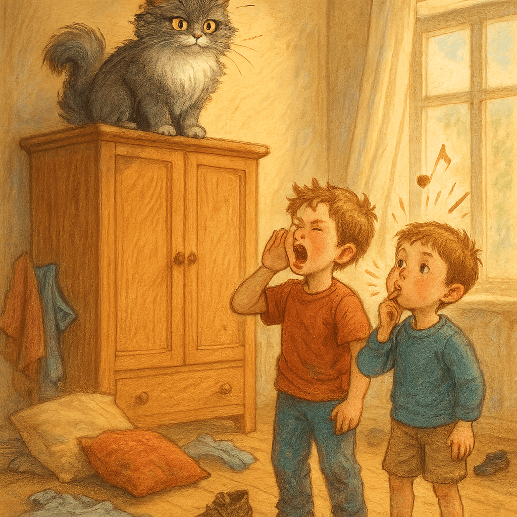 Кошка на шкафу, мальчики шумят и кидают подушки