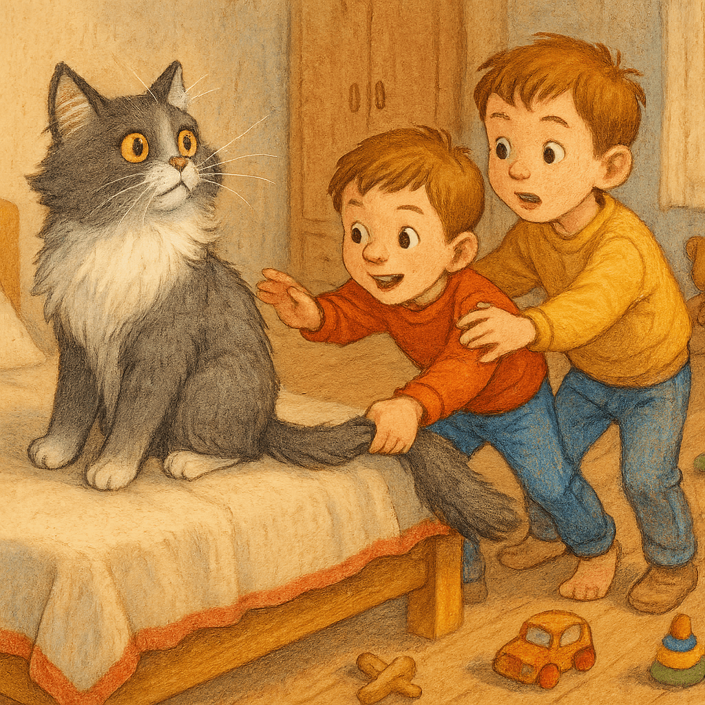 Кошка на кровати, мальчики пытаются её поймать