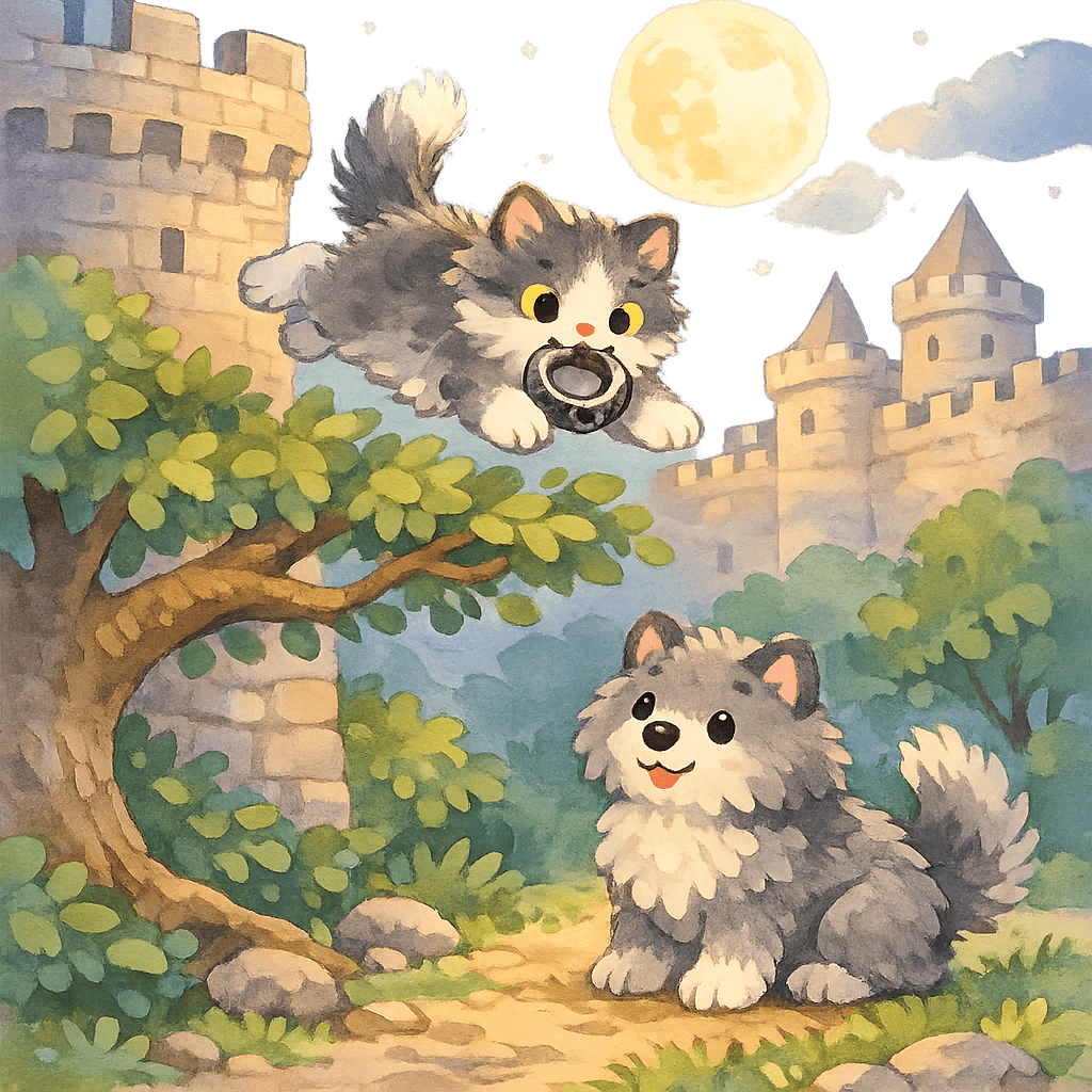 Кошка с перстнем прыгает со стены к собаке