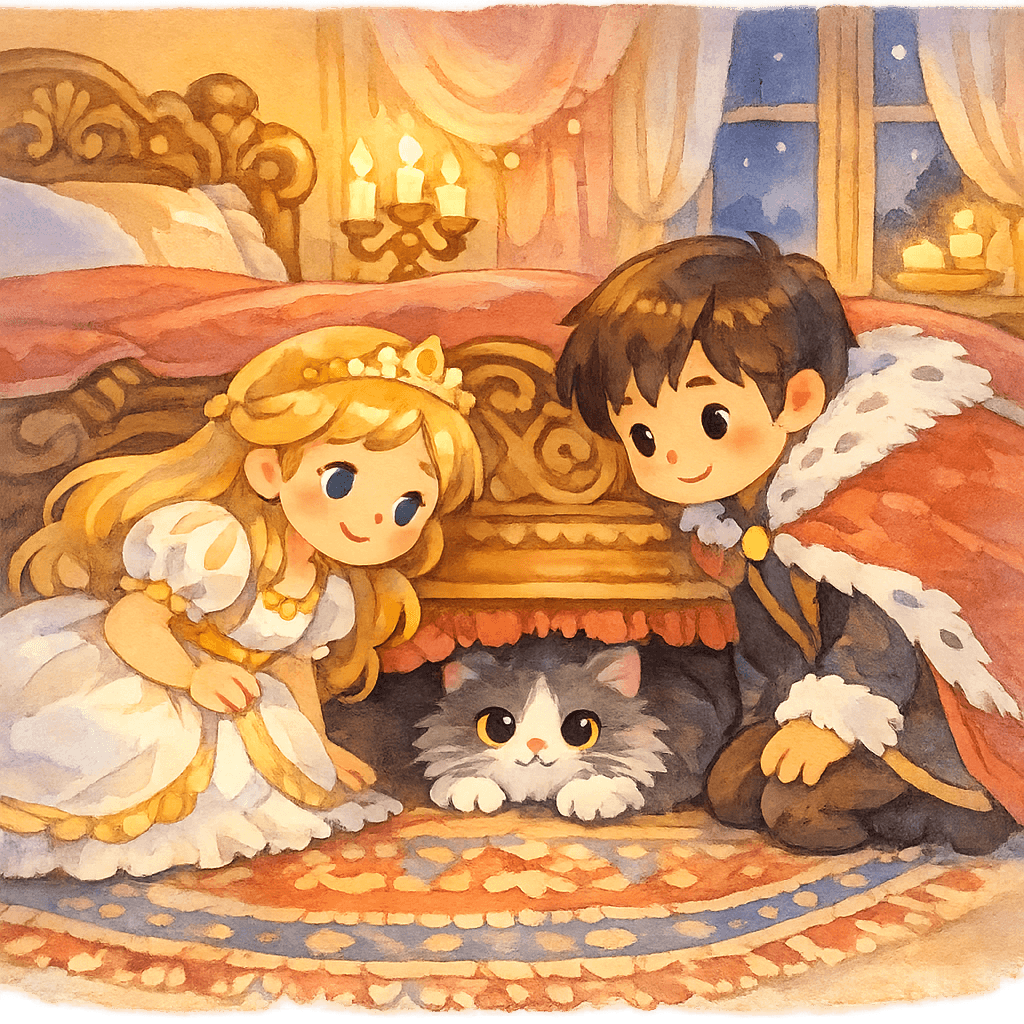 Кошка прячется под кроватью в спальне ночью