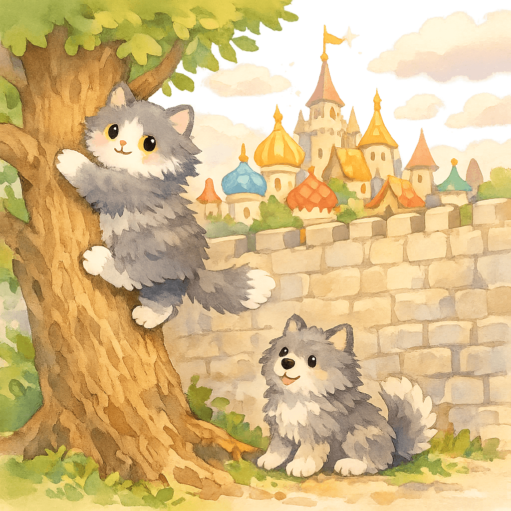 Кошка перелезает через стену в волшебный город