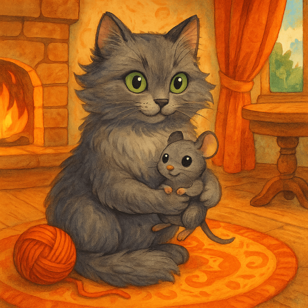 Кошка держит мышонка в лапах, они играют в уютной комнате