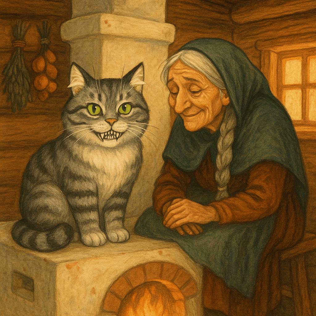 Кот Васька с железными зубами сидит на печке рядом со старой колдуньей, уютный интерьер избы, стиль детской сказки