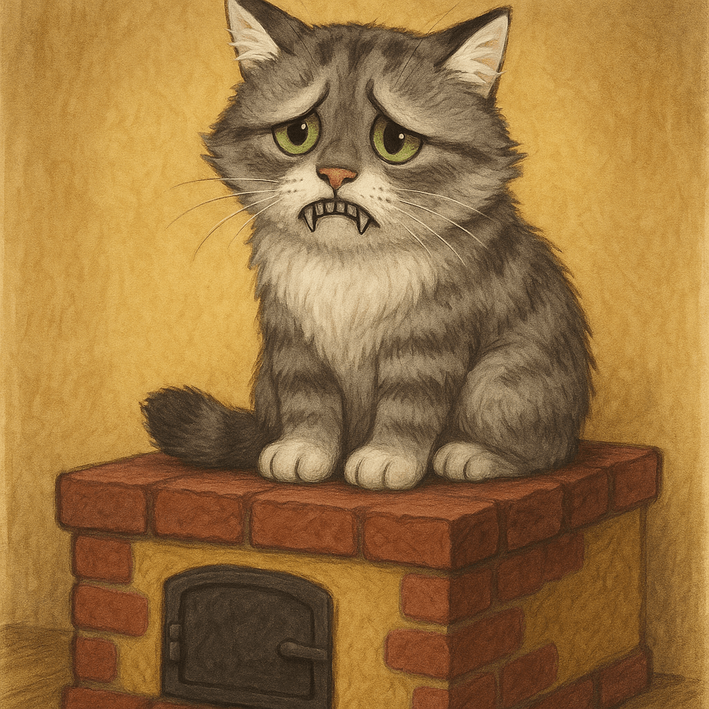 Грустный кот Васька без хвоста сидит на печке