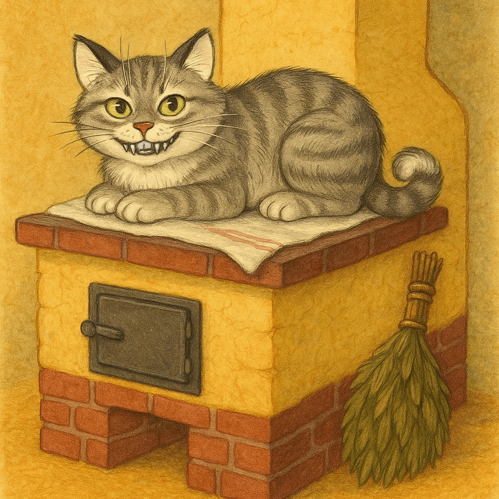 Кот Васька лениво лежит на печке