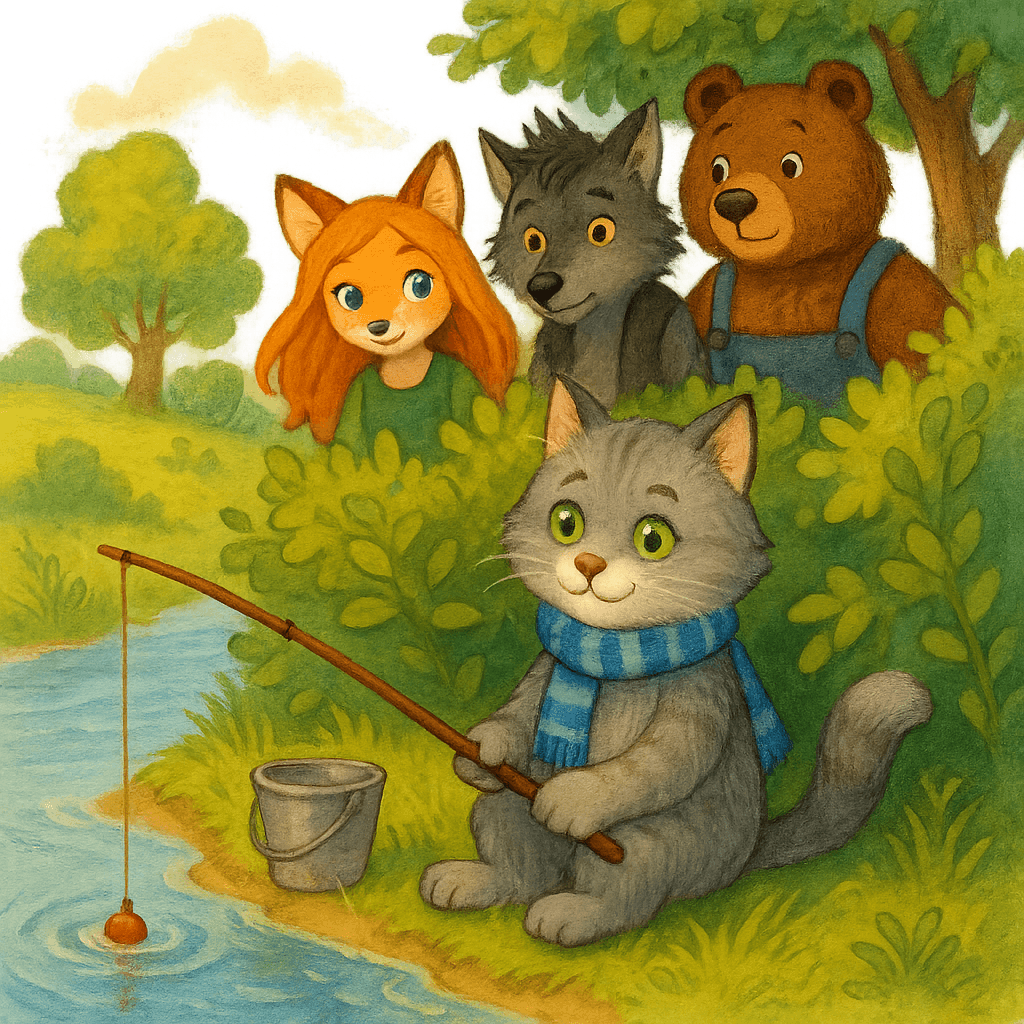 Кот ловит рыбу на реке, за ним наблюдают Лиса, Волк и Медведь