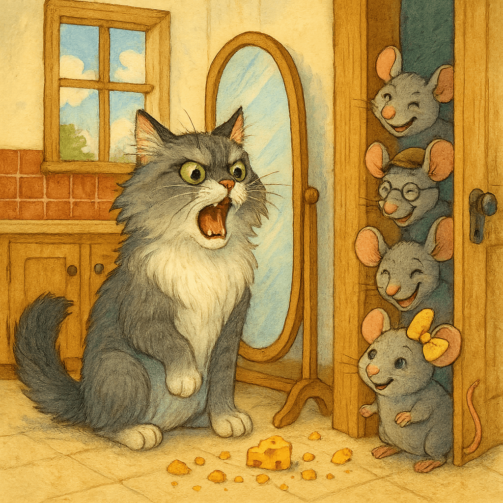 Барсик тщетно рычит перед зеркалом, мыши за дверью сдерживают смех, крошки сыра повсюду.